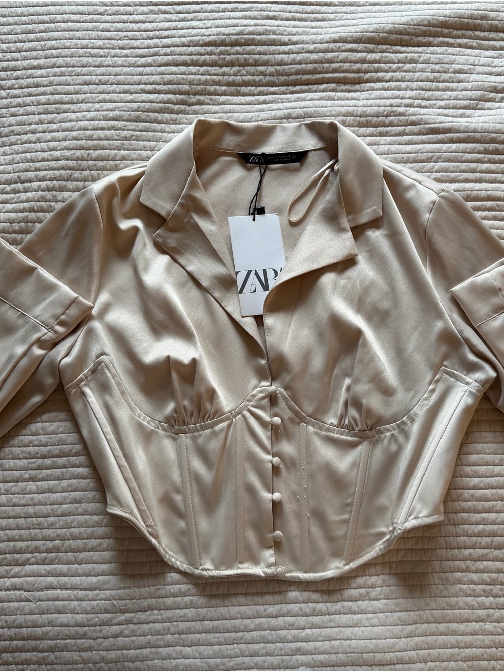 Zara Cream Satin Corset-Style Crop Blouse